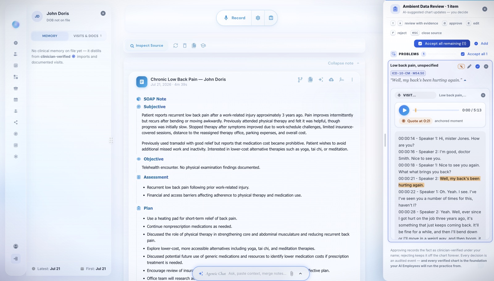 DeepCura Ambient Data review panel showing a staged ICD-10-coded problem with its verbatim quote and visit audio anchored at the exact second it was spoken