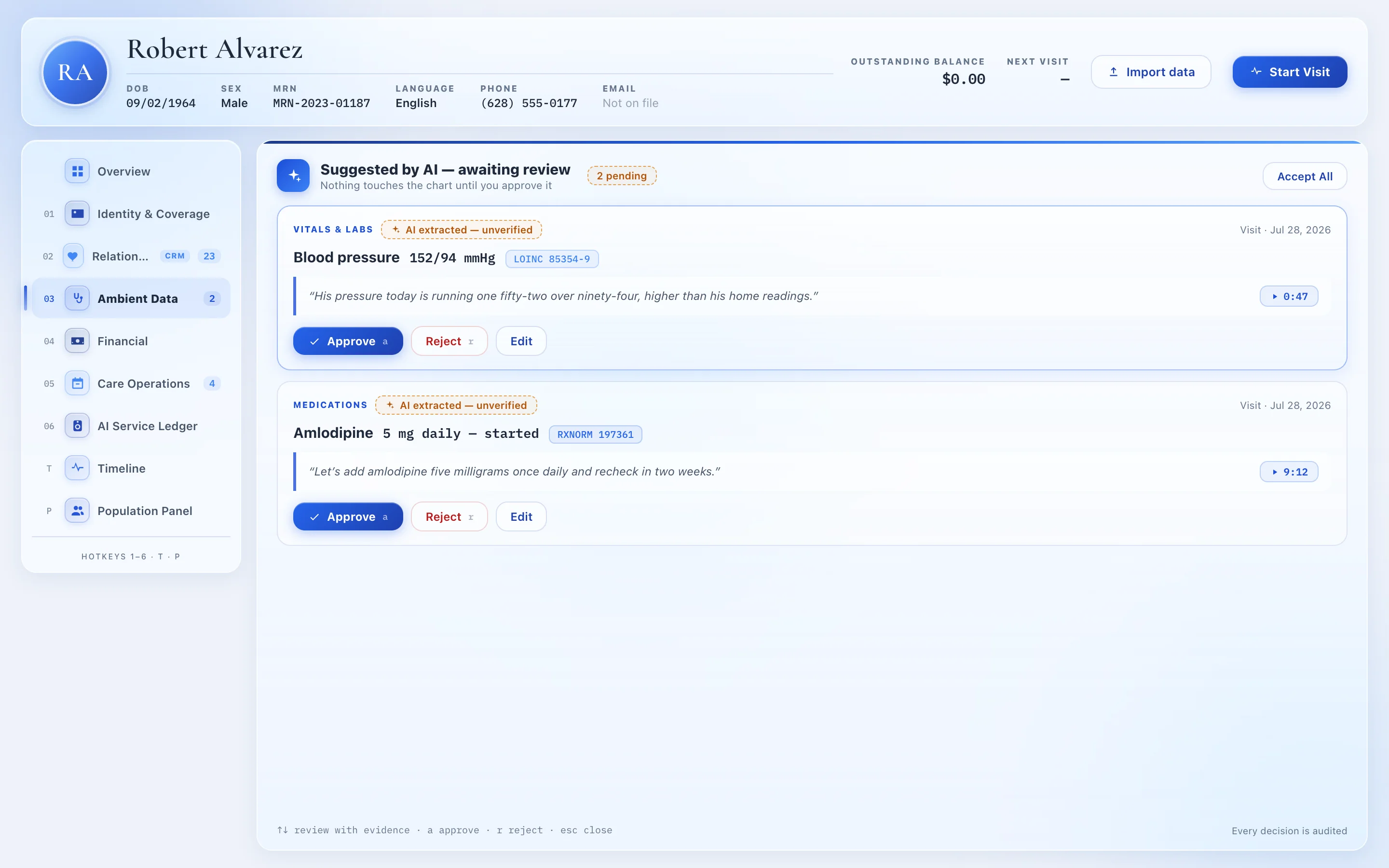 Clinician reviewing an AI-suggested clinical fact with its verbatim quote and audio timestamp in DeepCura