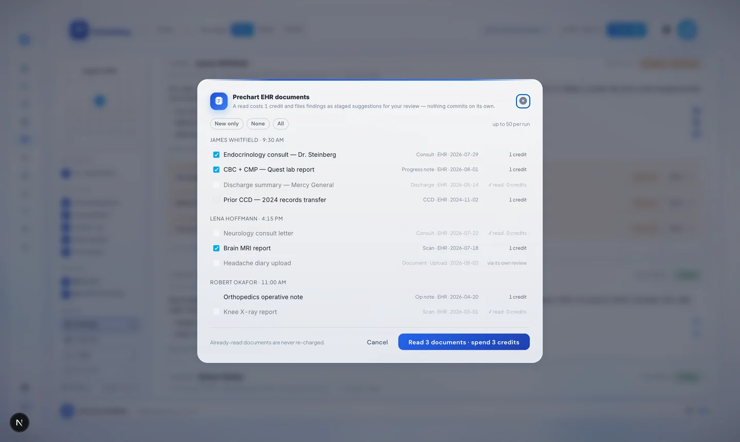 DeepCura Prechart EHR documents modal listing eClinicalWorks PDF documents — consults, labs, scans — with per-document pricing and read receipts