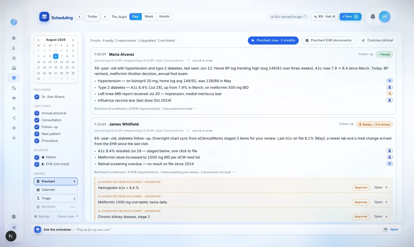 DeepCura Prechart lens showing cited AI visit briefs for an eClinicalWorks schedule with readiness chips and the Prechart now button