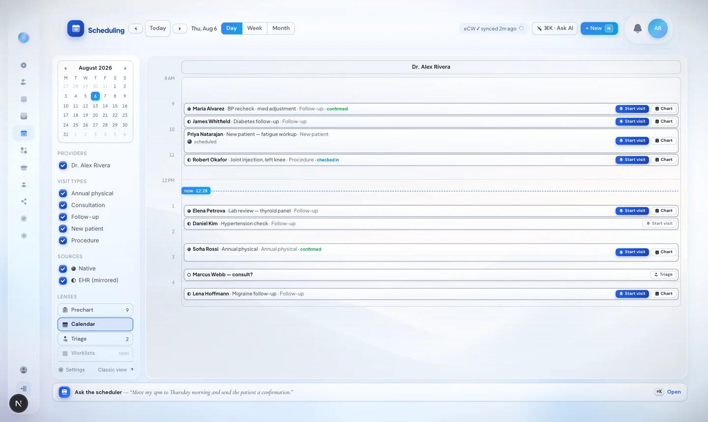 DeepCura scheduling workspace showing an eClinicalWorks appointment book mirrored onto one calendar with Start visit buttons and the eCW sync chip