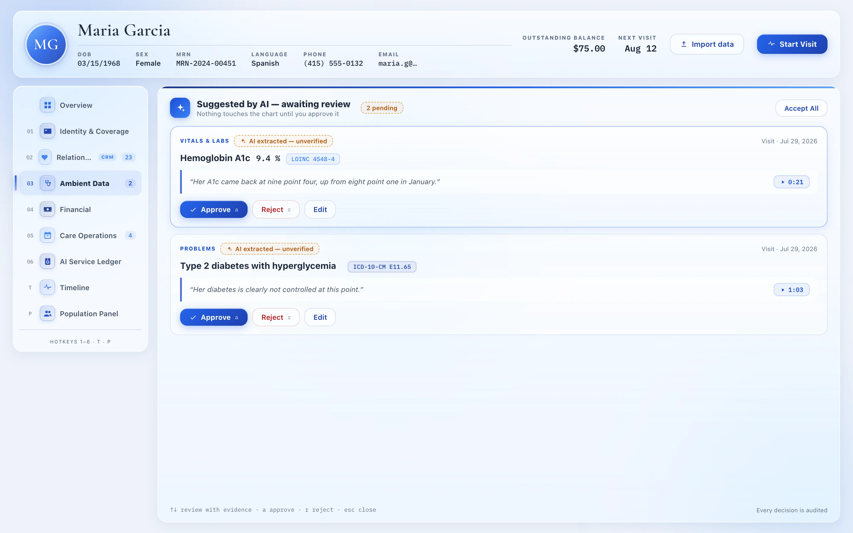 AI-suggested clinical fact awaiting clinician review with verbatim quote and audio timestamp