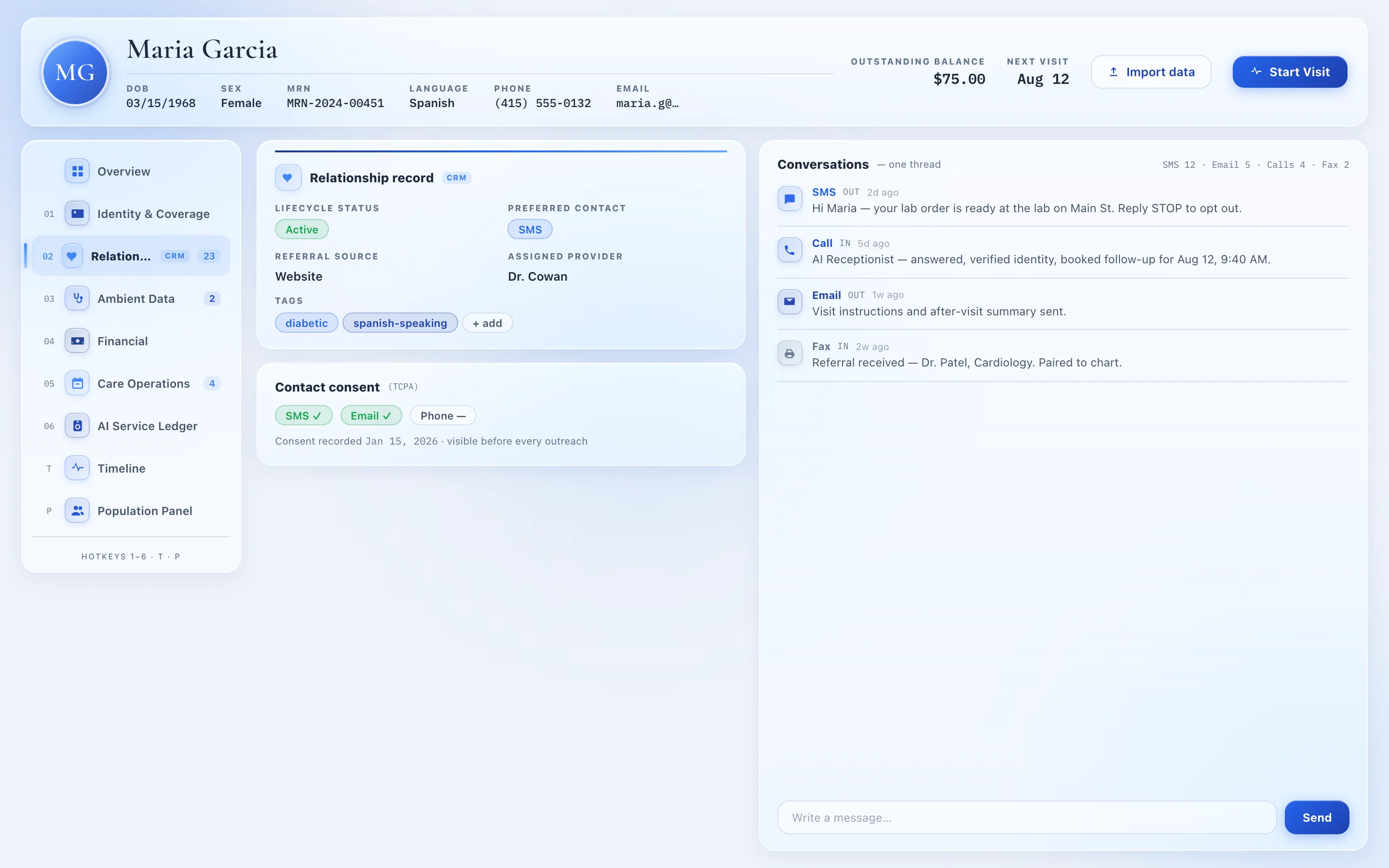 DeepCura Relationship lens showing CRM fields on the patient chart: lifecycle status, tags, preferred contact channel, and consent