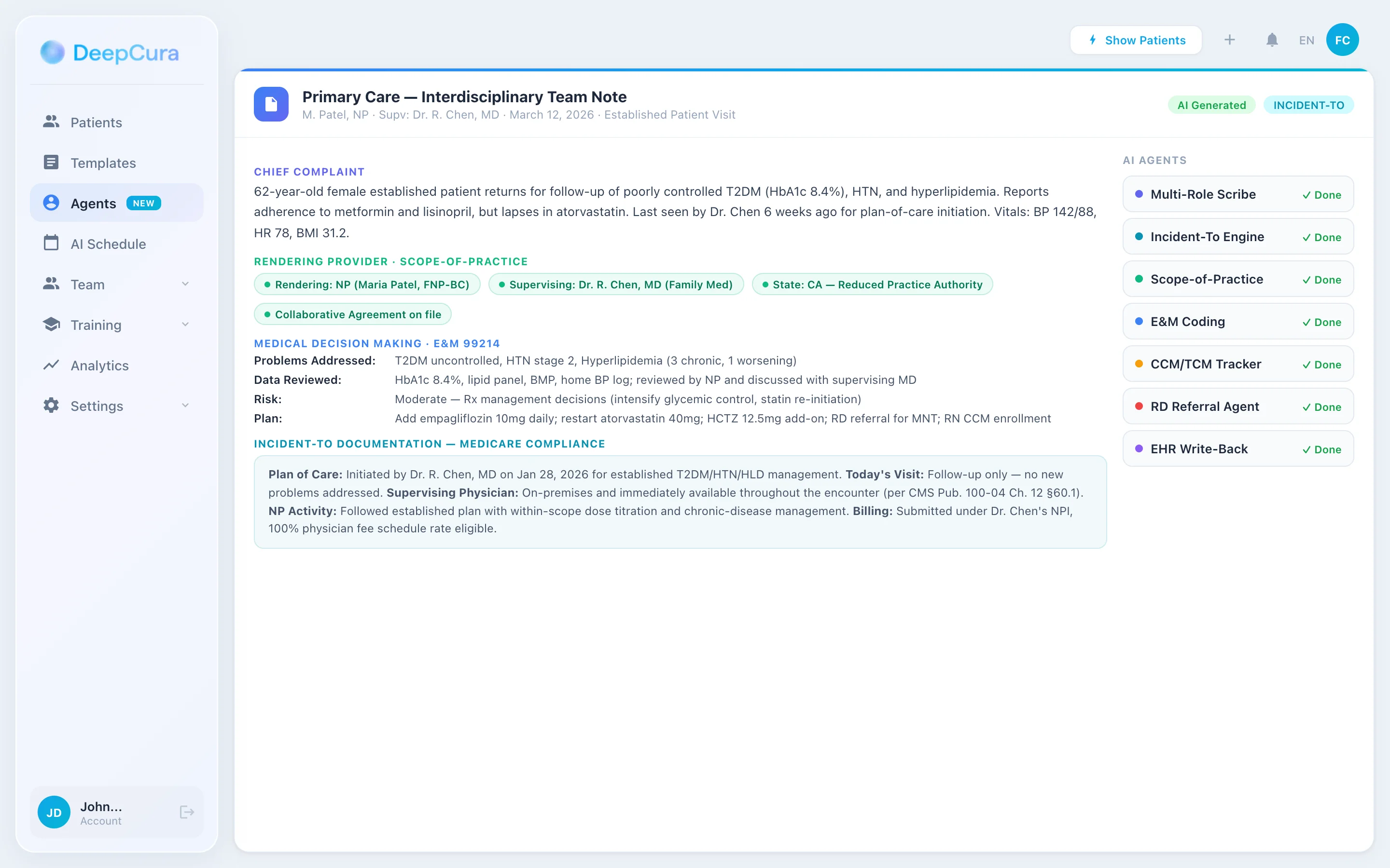 DeepCura interdisciplinary team note showing NP rendering provider, supervising physician, incident-to documentation, and structured E&M MDM