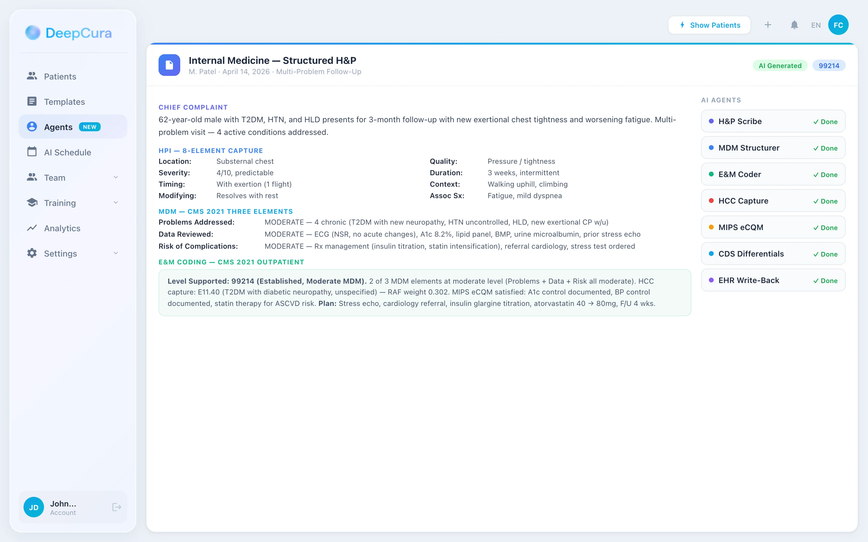 DeepCura physician note showing structured MDM with three CMS 2021 elements and HPI 8-element capture for E&M level support