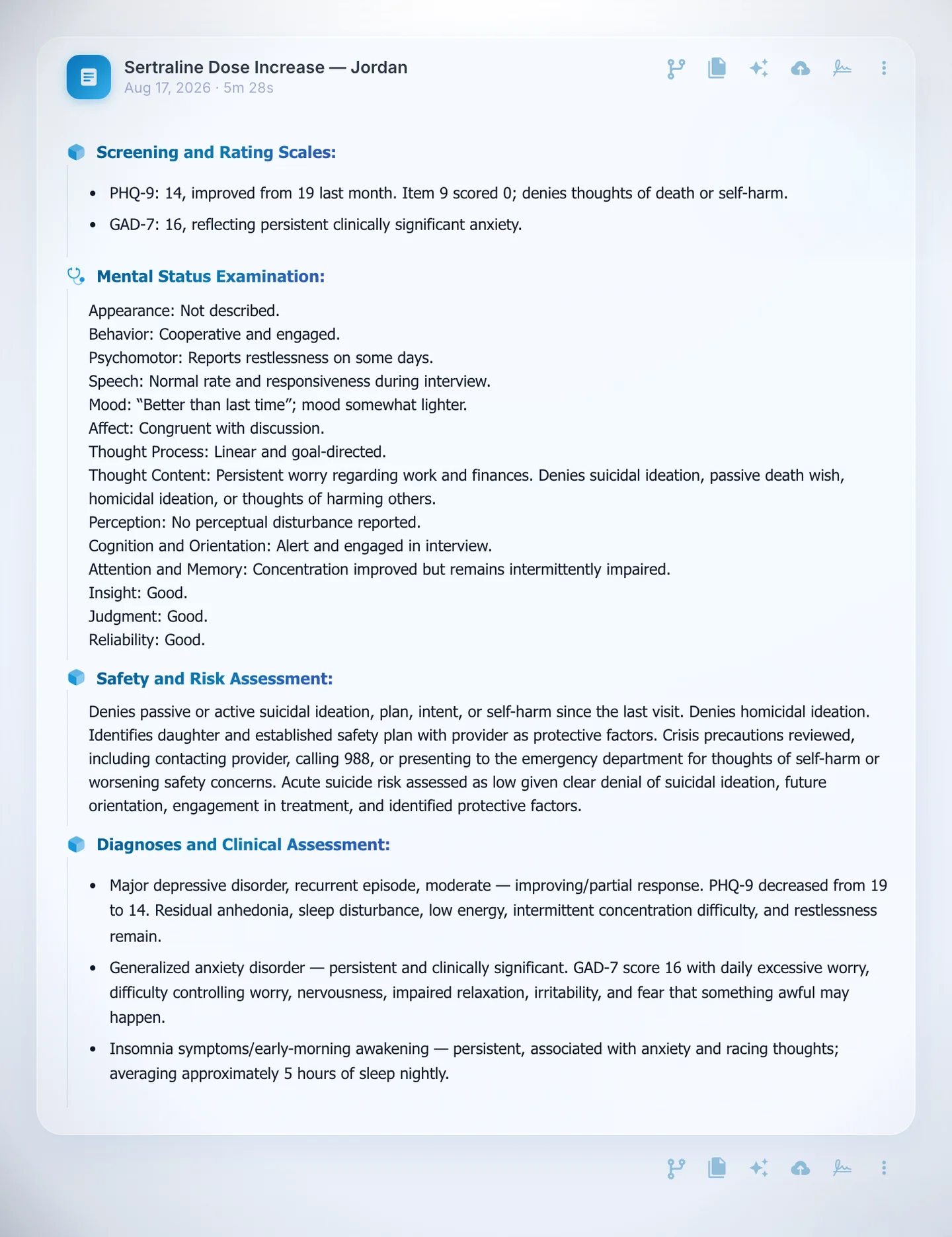 DeepCura psychiatry medication-management follow-up note: PHQ-9 and GAD-7 scores, labeled mental status examination rows, a safety and risk assessment section, and named diagnoses (major depressive disorder, recurrent, moderate; generalized anxiety disorder; insomnia)