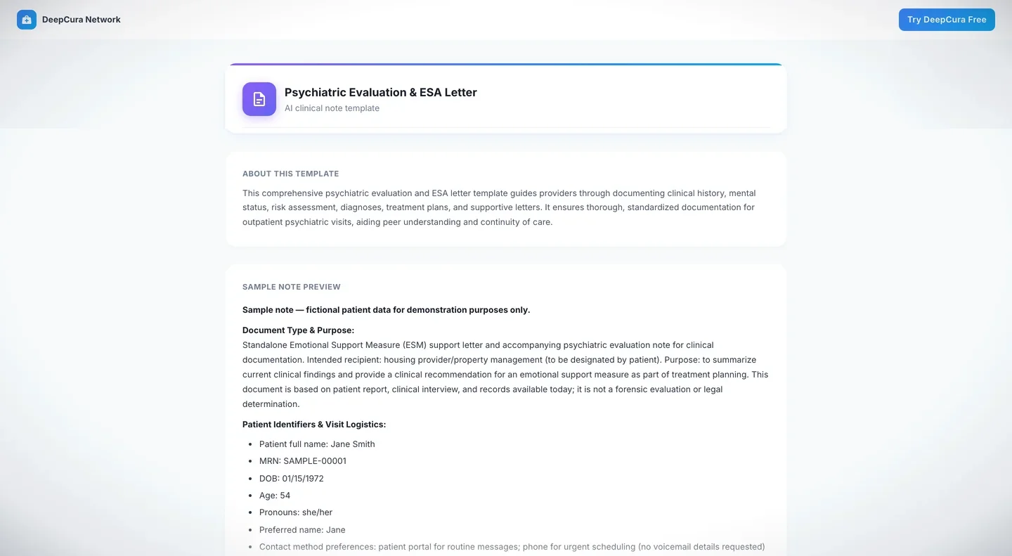 Public preview page of a clinician-shared psychiatric evaluation template in DeepCura's Network Template Gallery, with its sample note