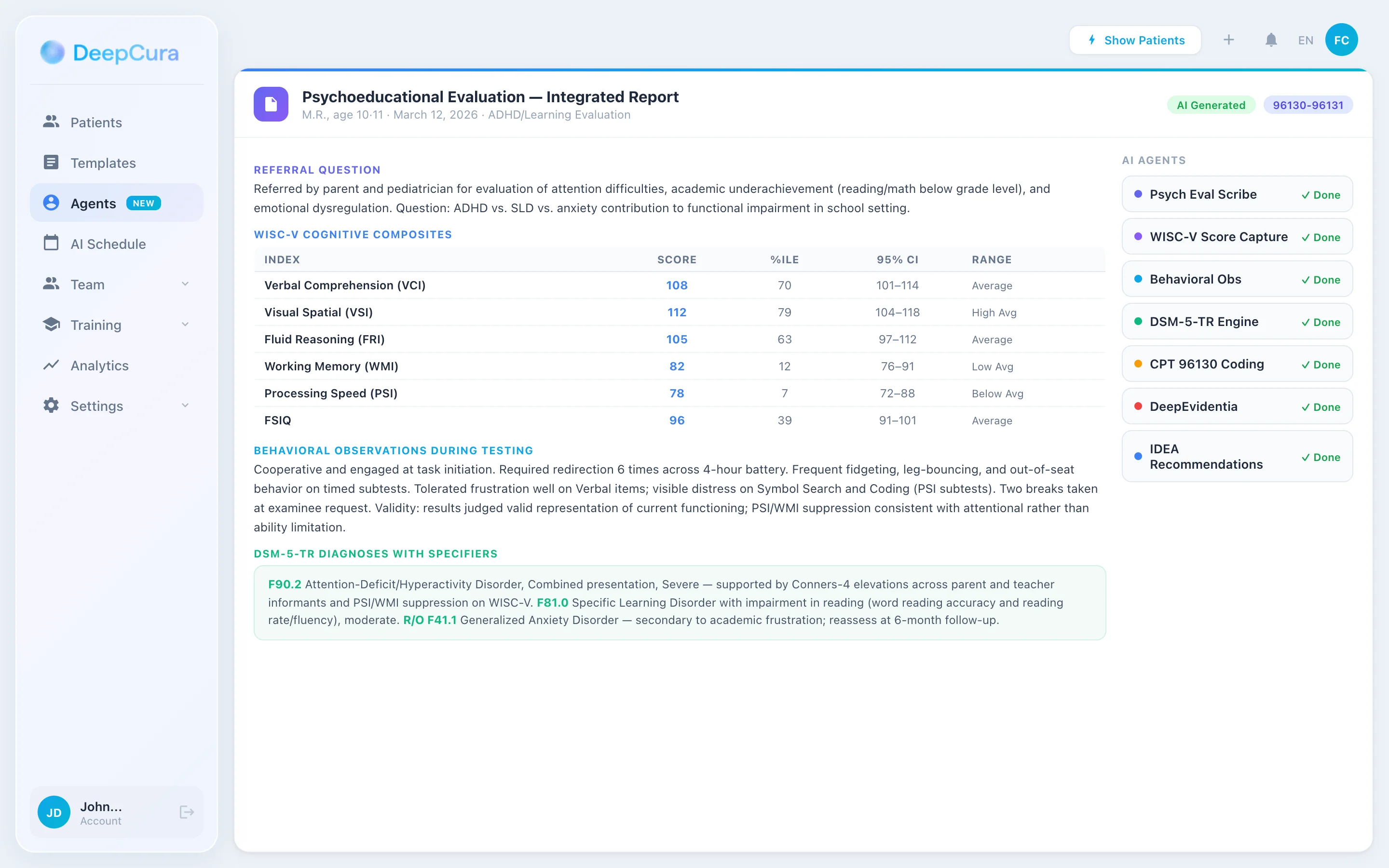 DeepCura psychological evaluation report showing WISC-V cognitive composites, behavioral observations, and DSM-5-TR diagnoses with specifiers