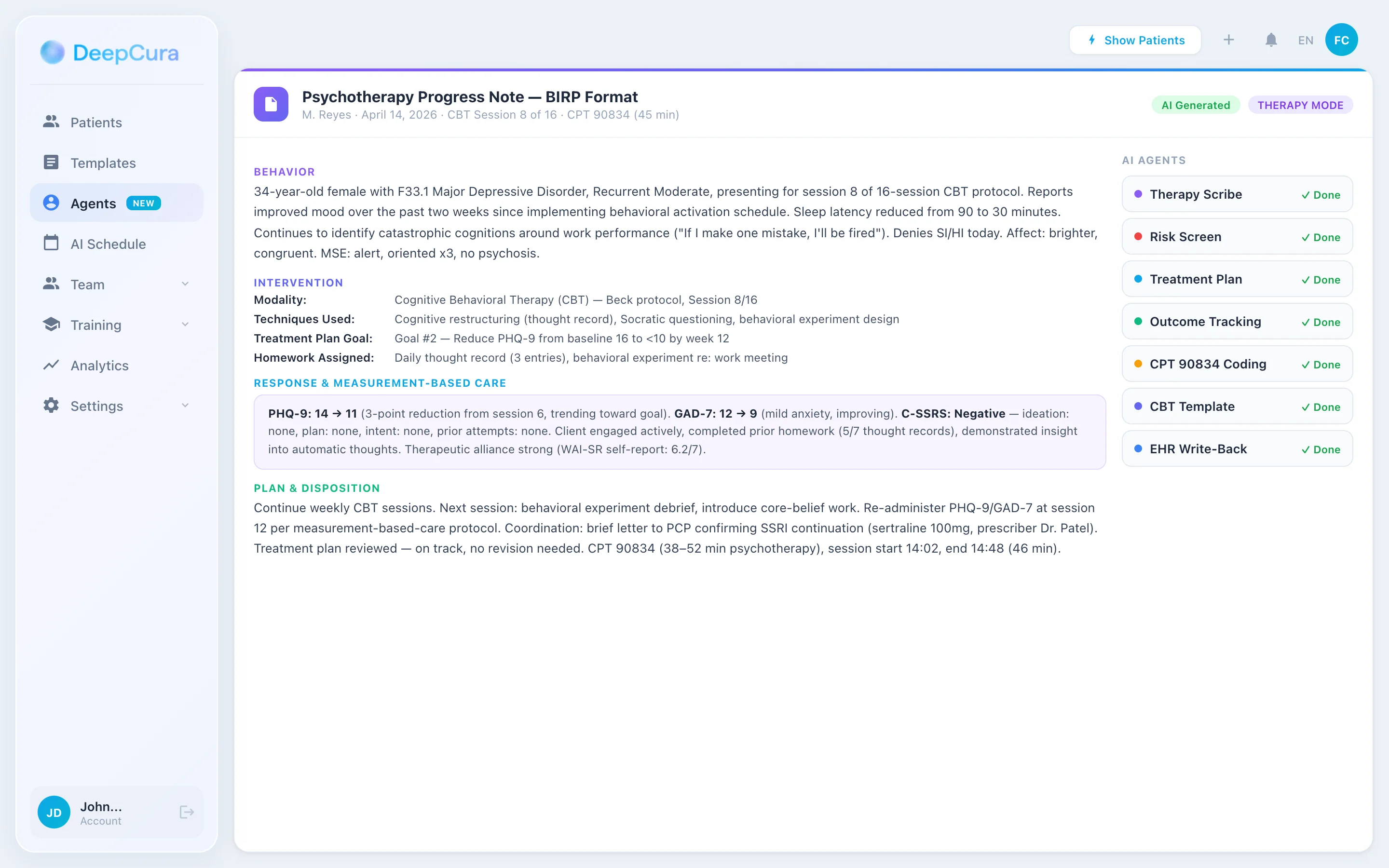 DeepCura therapy progress note showing BIRP-formatted CBT session with PHQ-9 capture, treatment plan alignment, and risk screening
